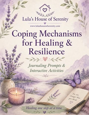 Cover of a healing and resilience journal with lavender, candle, and butterfly.