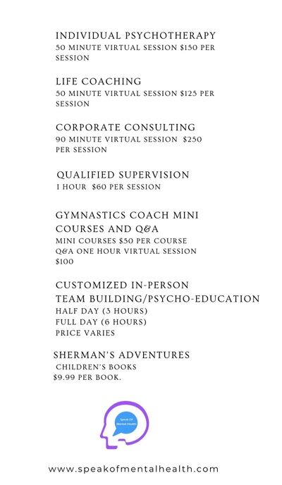 List of virtual therapy, coaching, consulting services, and children's books with prices.
