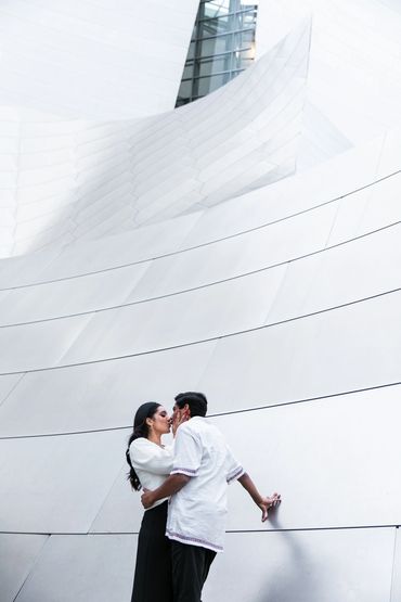 Indian couple engagement photography at Walt Disney Hall in Downtown Los Angeles