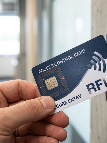 Hand holding an RFID access control card for secure entry.