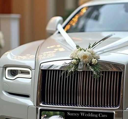 Luxury white Rolls-Royce decorated with white flowers for a wedding.