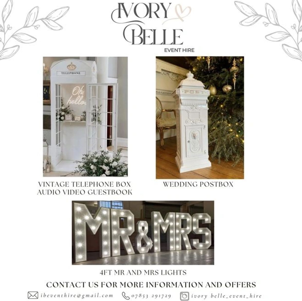 Ivory Belle event hire offers vintage telephone box guestbook, wedding postbox, and 4ft MR & MRS lights.