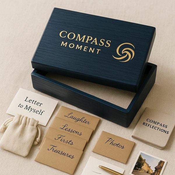 Elegant Compass Moment memory box with labeled envelopes and reflection booklet.