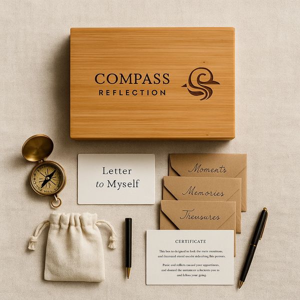 A reflective memory kit with compass, letters, envelopes, and pen in a wooden box.