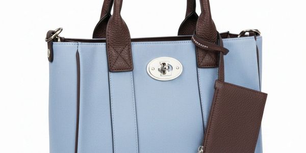 Blue handbag with brown handles and a matching brown pouch.
