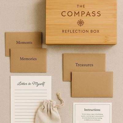 A wooden keepsake box named The Compass Reflection box set designed to hold handwritten notes included in small envelopes that will hold the memories, moments, and treasures from your signature travel package or custom travel itinerary. 