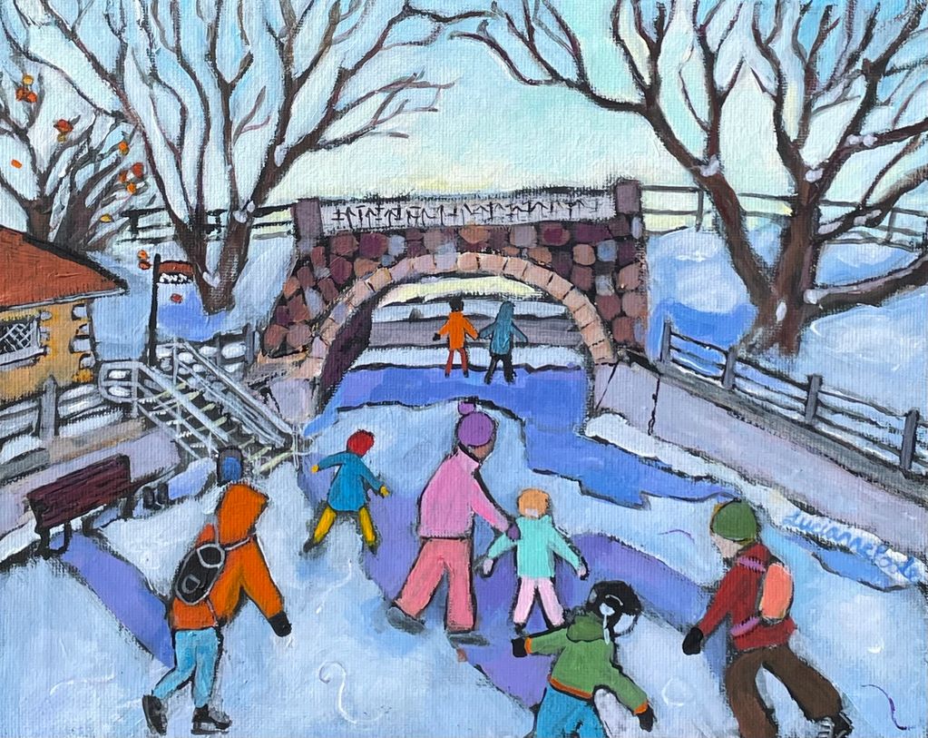 Skaters, young and old, singles and a couple, skate at Patterson Inlet framed by the charming small 