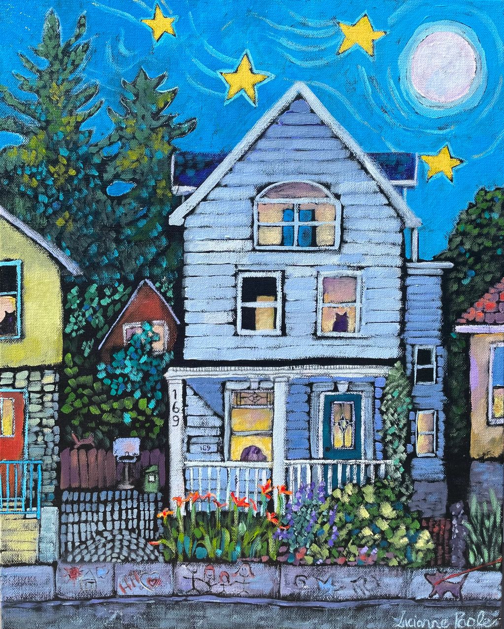 A house stands against a starry night sky as pets look out the windows in this painting.