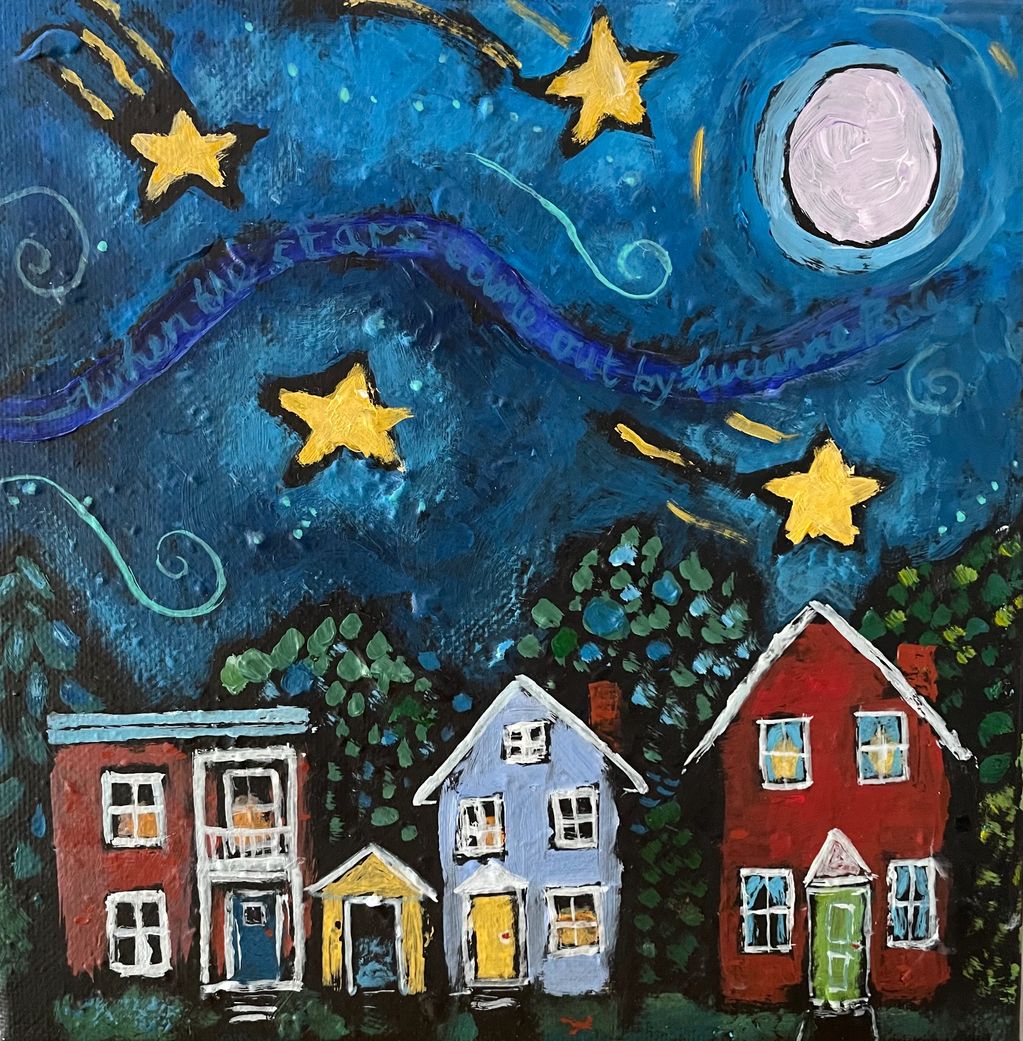 Three colourful houses stand under a starry sky with a full moon.