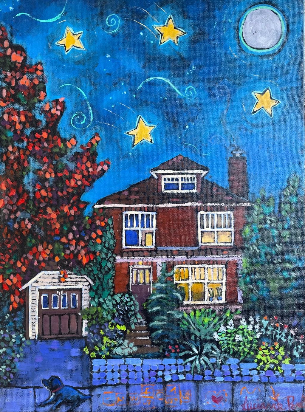 A black dog sits in front of a red brick house and red maple tree under a starry night sky.