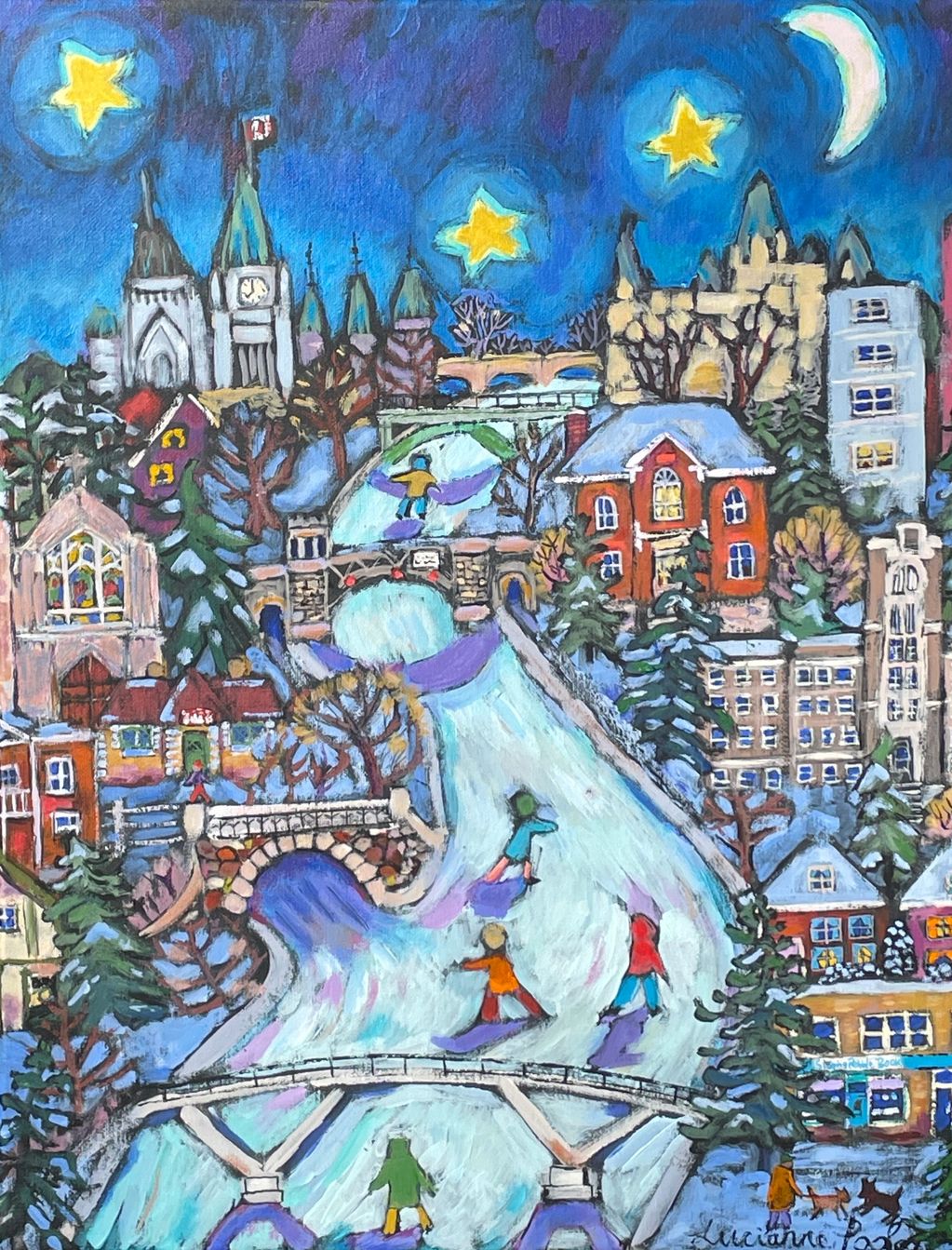 People skating on the frozen Rideau Canal at night, past houses, schools and churches.