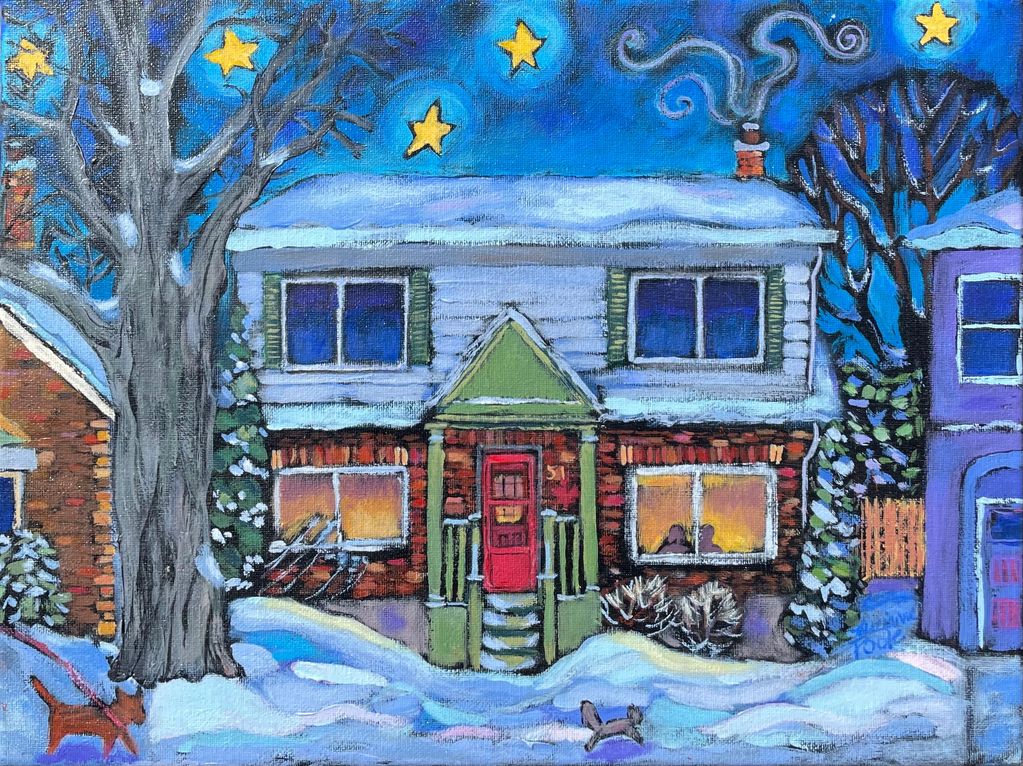 A couple are silhouetted in the window of a house under a starry night sky in winter.