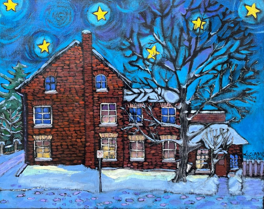The snow reflects the glowing windows  of a red brick house on an Ottawa street under a starry sky.
