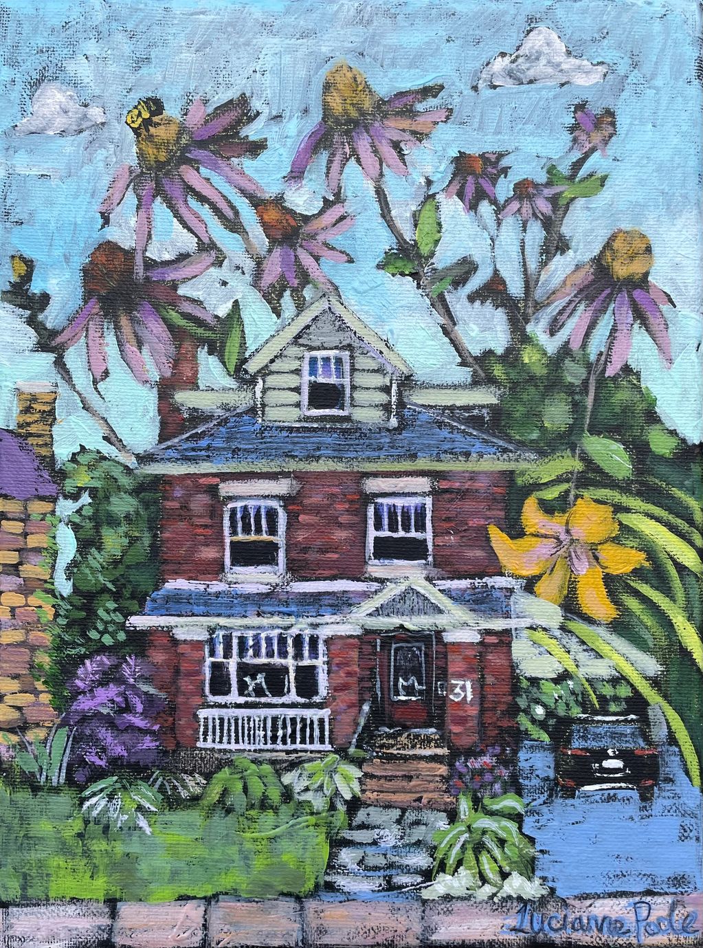 Giant wild flowers, one giant bee and a day lily grow around a red brick house against a blue sky.