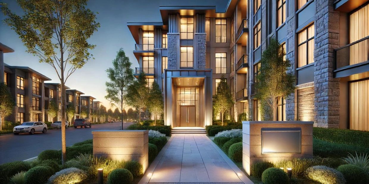 Modern apartment complex entrance illuminated at dusk with landscaped greenery.
