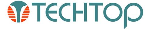 Logo de TechTop avec un symbole et un texte stylisé.