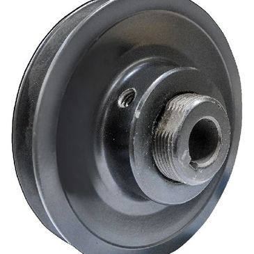 Black metal pulley with a threaded center.