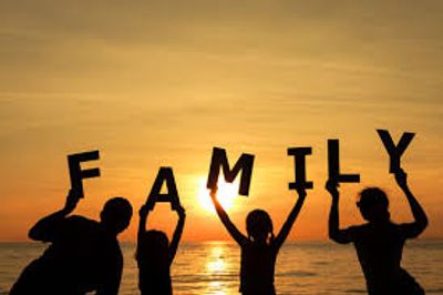 Silhouettes holding letters spelling FAMILY at sunset by the water.