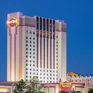 The Hard Rock Hotel & Casino Tulsa down the road from The Bella Donna Wedding Chapel & Event Center,