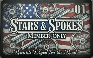Vintage emblem with stars, wheels, and guns, labeled 'Stars &amp; Spokes Member Only'.