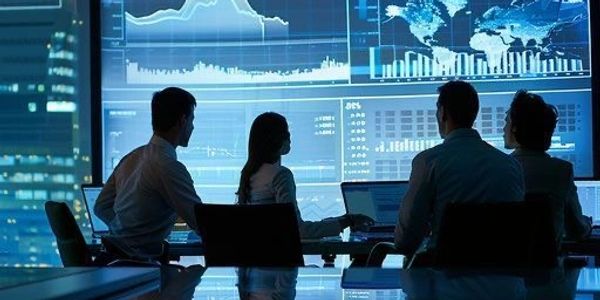 Team analyzing data on multiple large screens in a high-tech office.