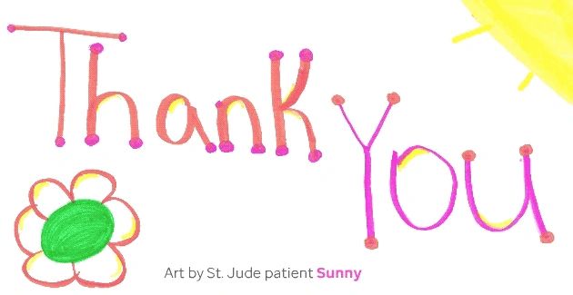 Thank you note from a patient at St. Jude Children's Research Hospital.