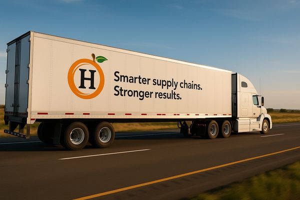 A white semi-truck on the road with a supply chain company logo and slogan.