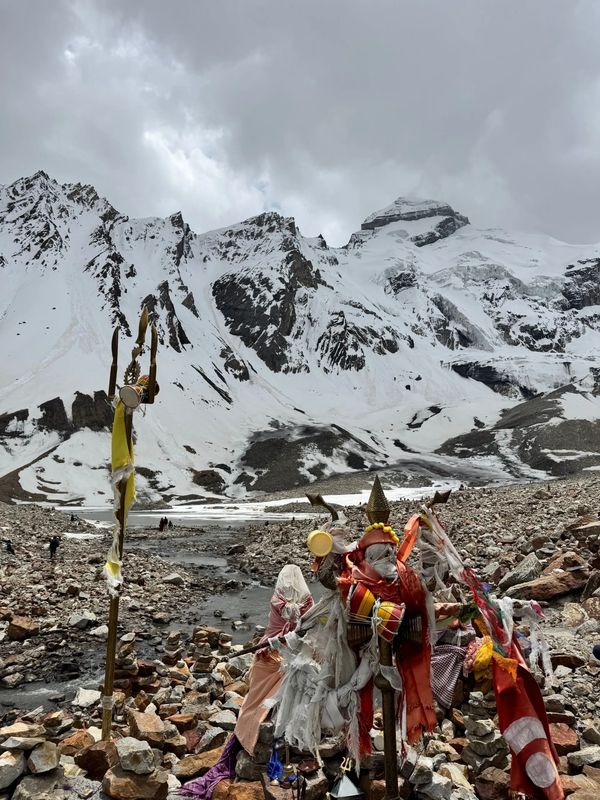 Trishul shrine at the base of snowy Adi Kailash mountain