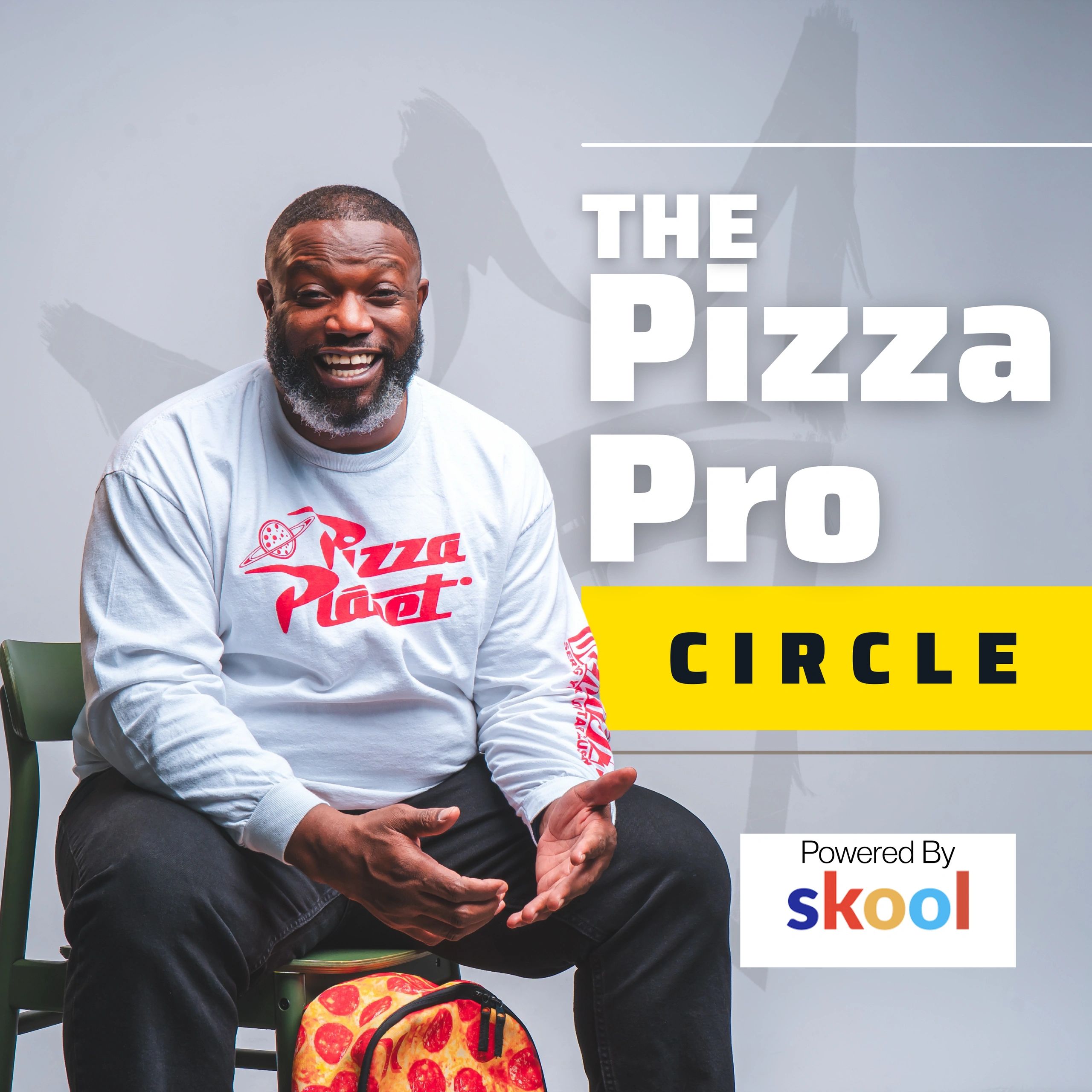 Smiling man in Pizza Planet shirt with pizza-themed backpack, promoting The Pizza Pro Circle powered by skool.