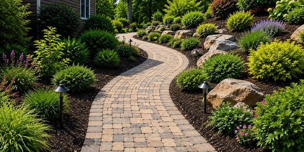 Curved stone pathway through a lush garden.