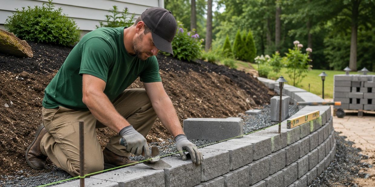 Man building a stone wall outdoors.