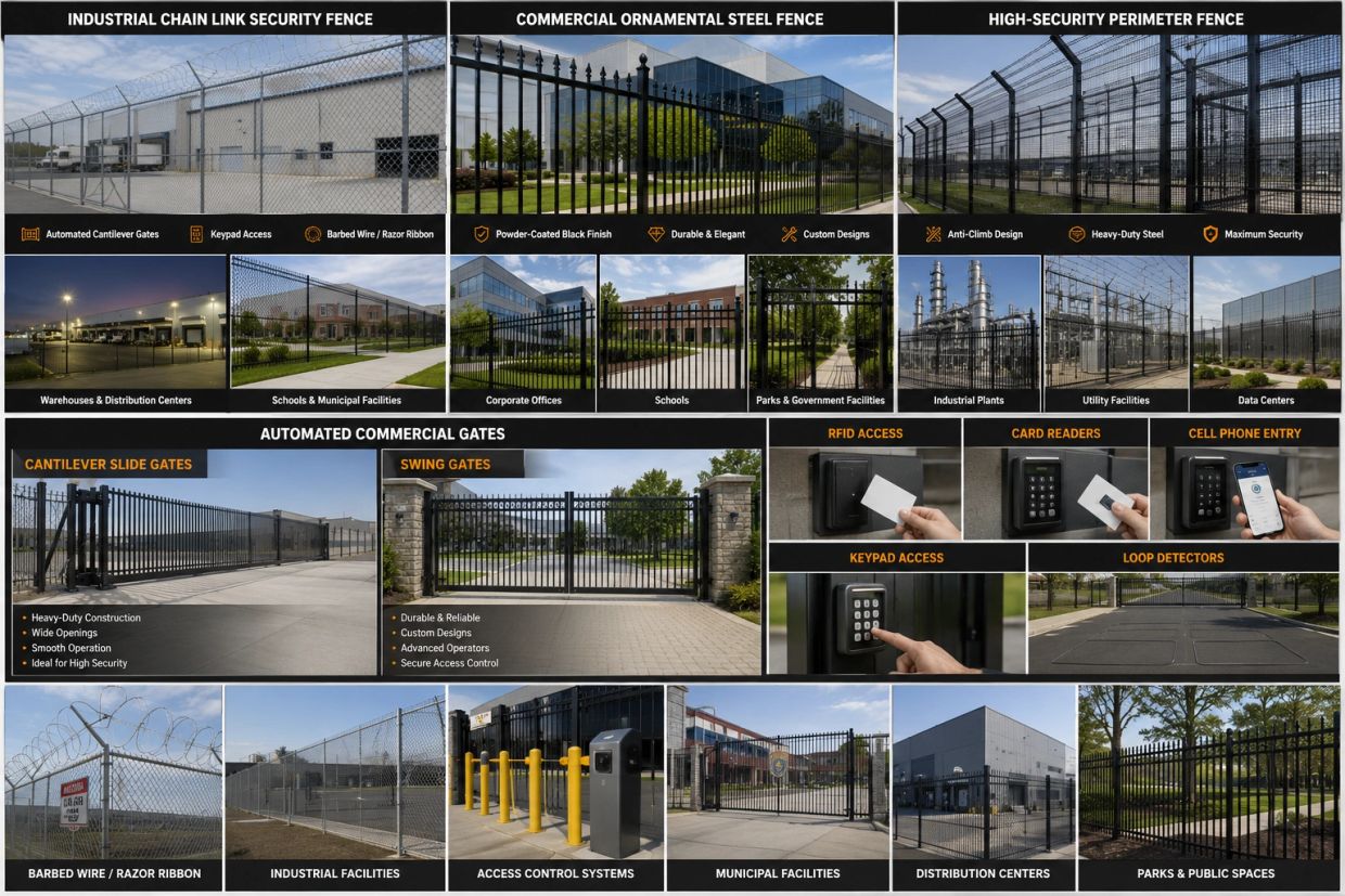 Overview of various security fences and automated gates for industrial and commercial use.