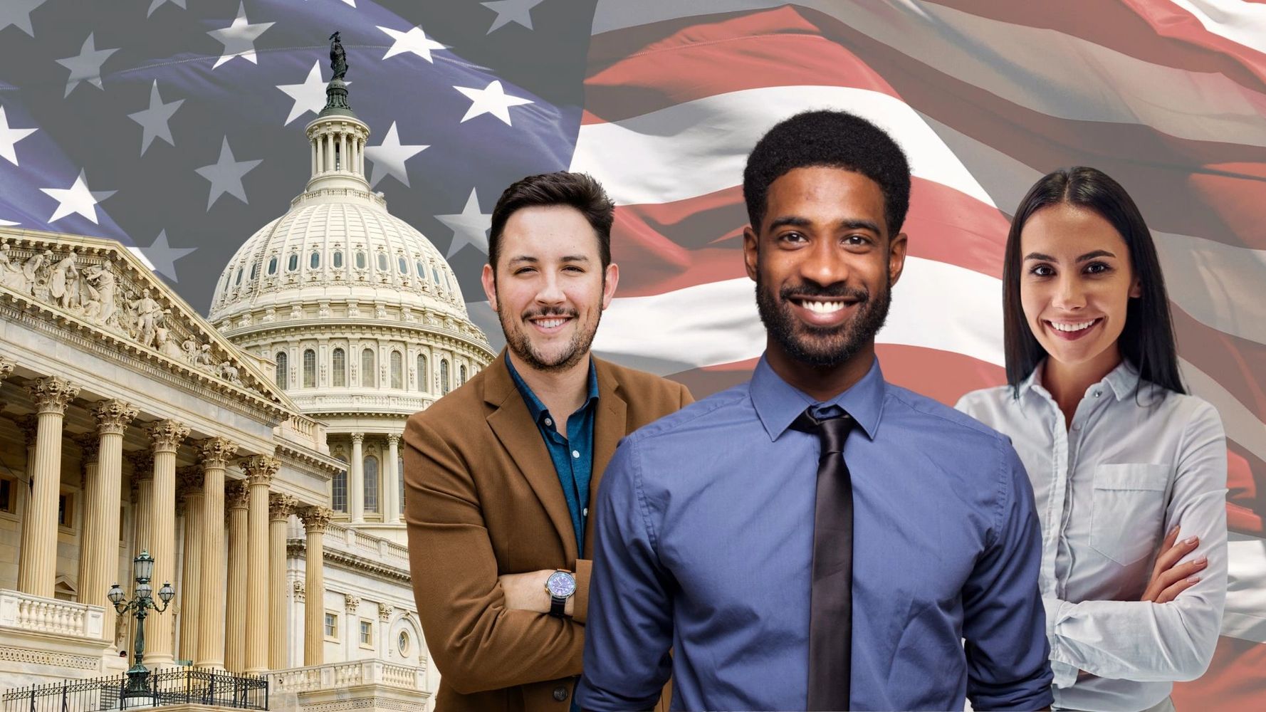 Happy people in front of the capitol and the flag