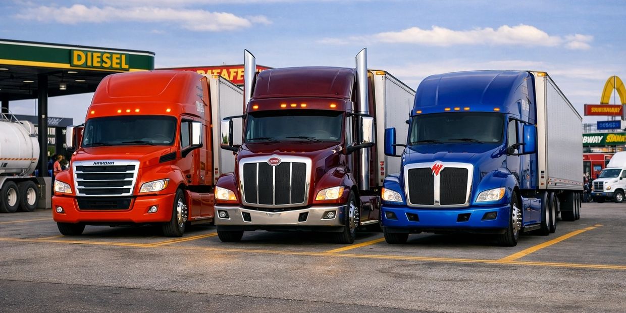 Three colorful semi-trucks parked side by side at a diesel station.