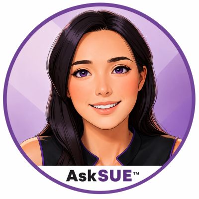 Cartoon portrait of a smiling woman with long black hair and purple eyes.