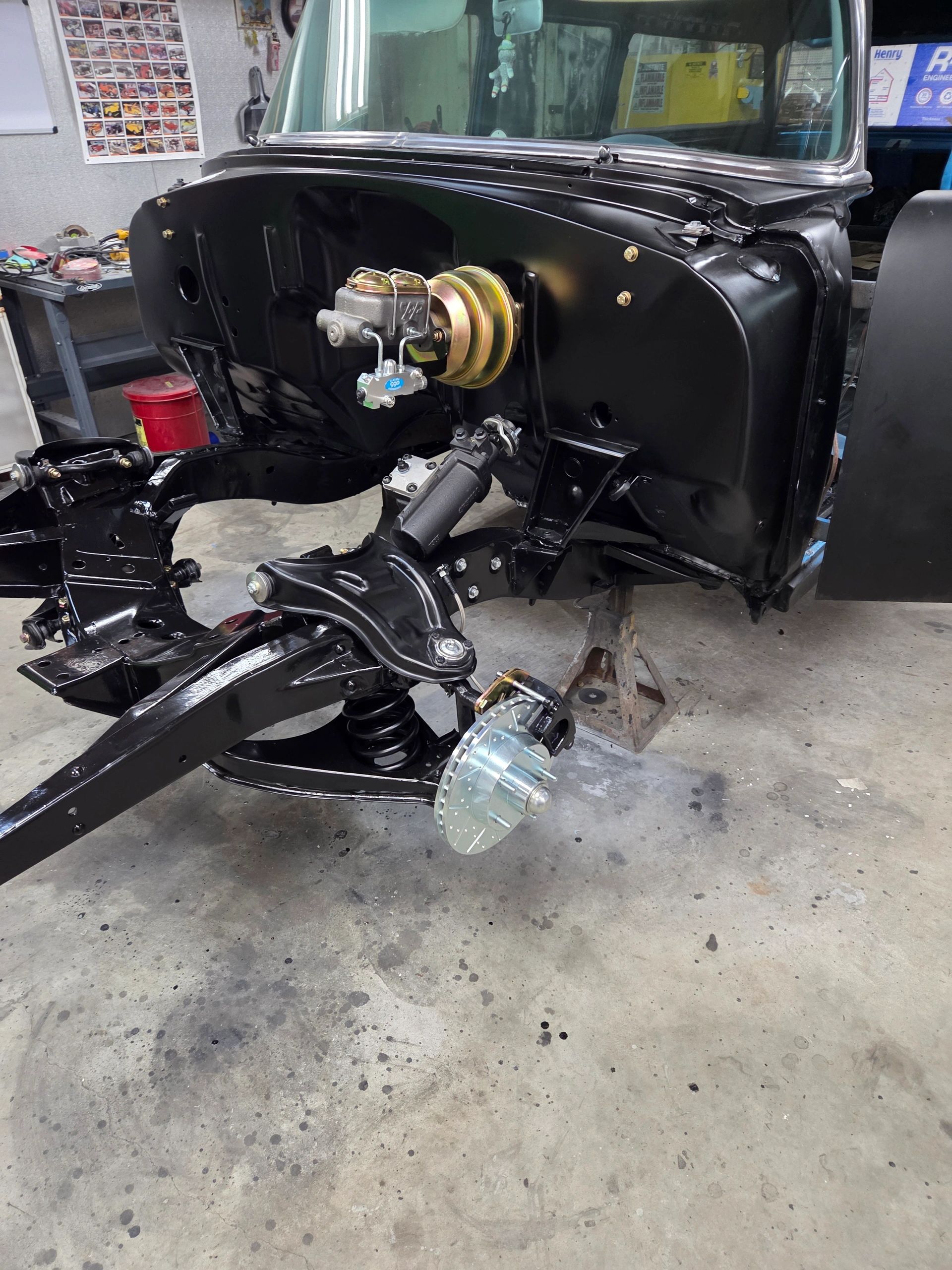 55 Chevy getting disc brakes, power steering, and smoothed firewall before new engine