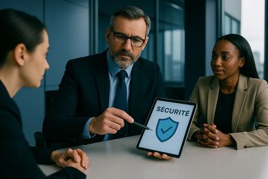 Réunion PME : consultant présente “Sécurité” sur tablette, contrôle interne et conformité RGPD