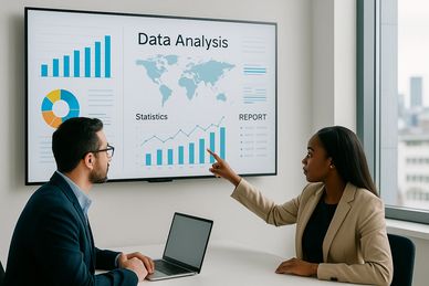 Analyse de données sur écran : consultante présente graphiques et KPI à un dirigeant de PME