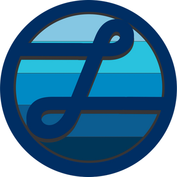 A Blue Circle with an L inside. There are 5 blue stripes moving left to right. 