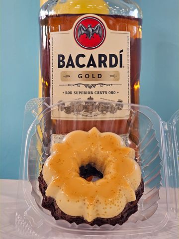 Bella Flan's Bacardi Rum Cake.  Infused with Bacardi rum, decadent chocolate, our Chocoflan Rum Cake