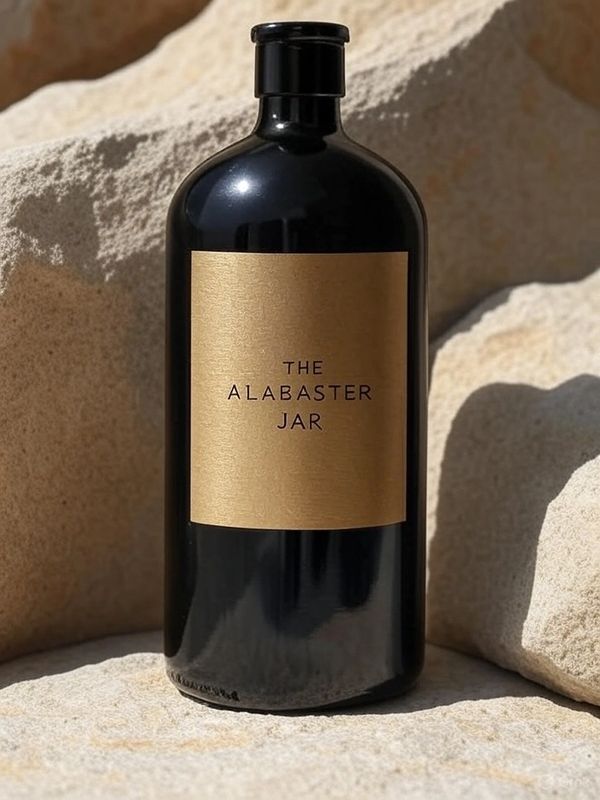 A sleek black jar labeled The Alabaster Jar on a stone surface.