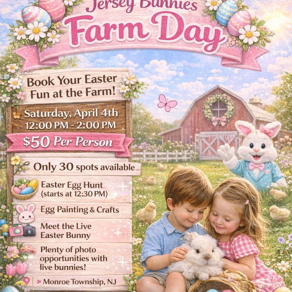Easter Farm Day with bunnies, crafts, and photos in Monroe Township, NJ.