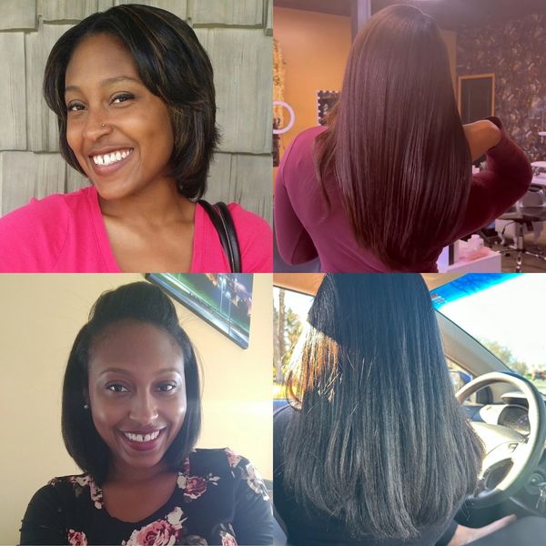 Four images showing a woman smiling and her hair transformation from short to long, straight hair.