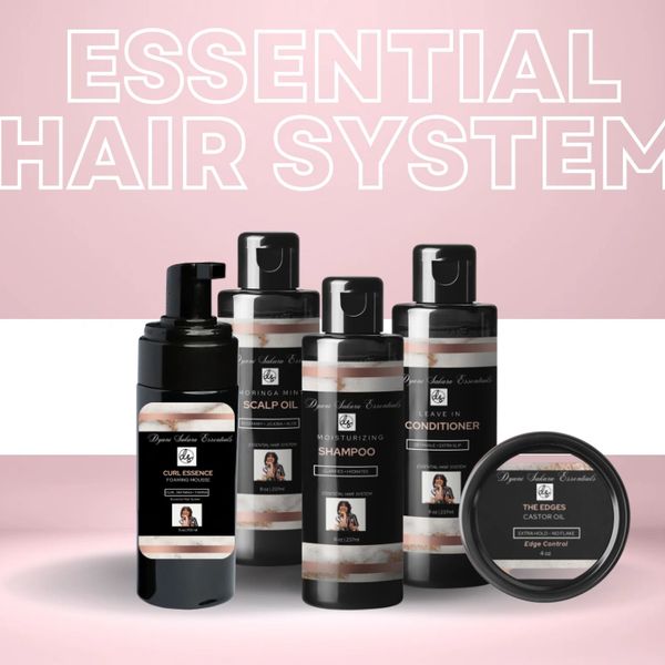 Essential hair care system with shampoo, conditioner, scalp oil, curl mousse, and edge control.