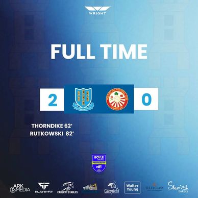 Football match ended 2-0 with goals by Thorndike and Rutkowski.