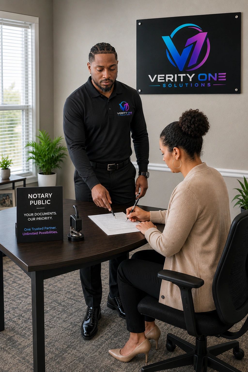 Man assisting woman with signing documents in an office.