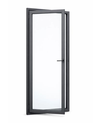 Modern glass door with black frame, partially open.