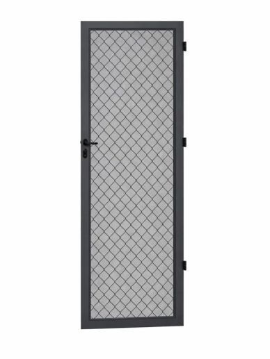 Black metal mesh door with a rectangular frame and handle.