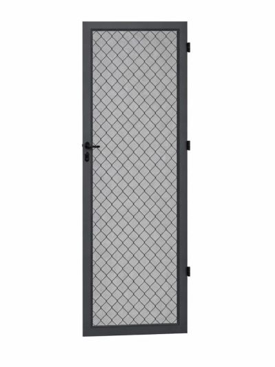 Tall metal door with wire mesh and a handle.