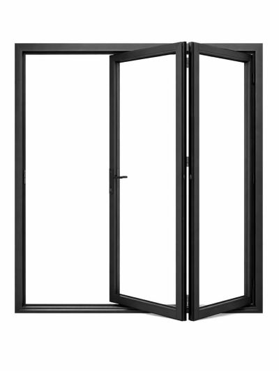 Modern black-framed folding glass door partially open.